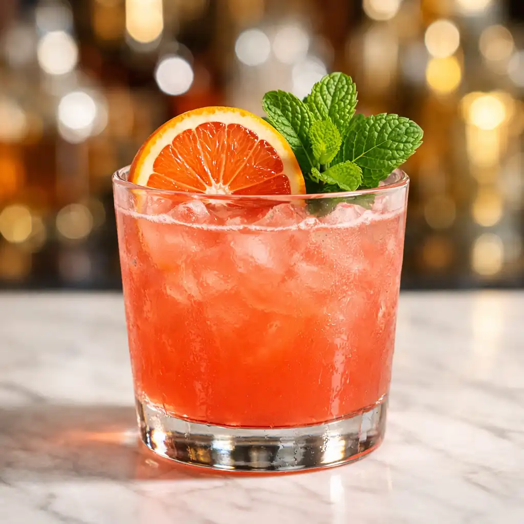 Vibrant coral cocktail with citrus wheel and mint on a marble bar top