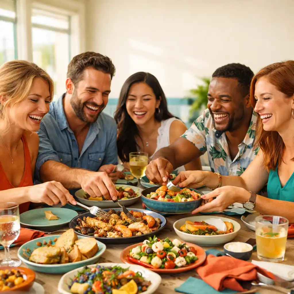 Friends sharing colourful plates at a long communal table in a bright coastal-modern restaurant