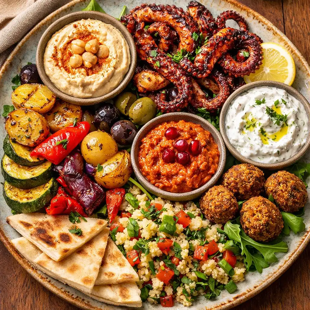 Colourful sharing plate with grilled octopus, roasted vegetables, and dips