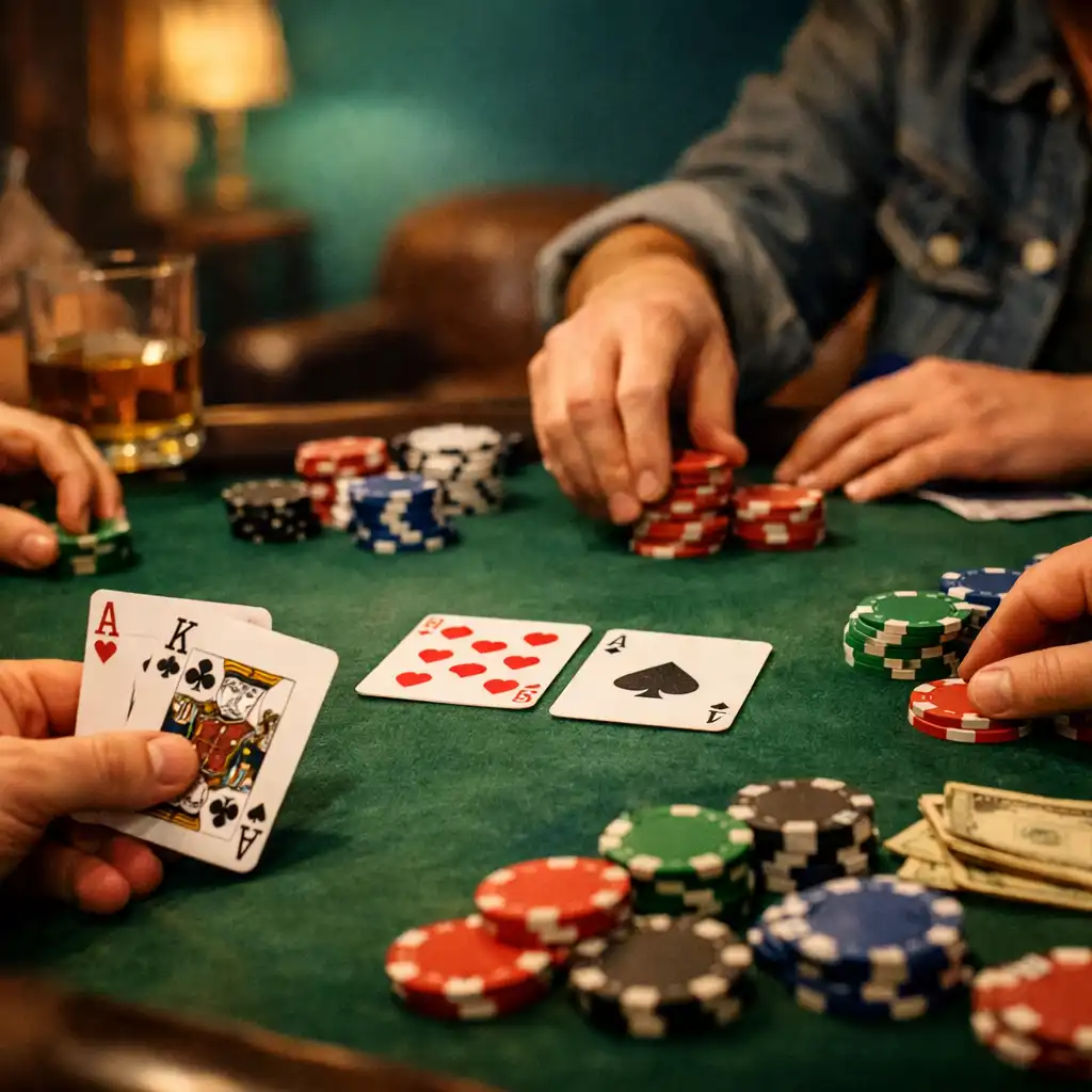 Friends playing poker at a table with cards and colourful chips