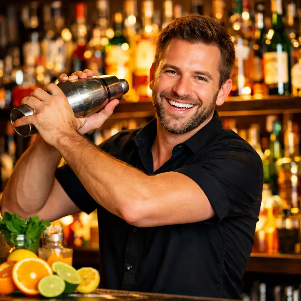 Bartender smiling while shaking a cocktail behind a colourful bar