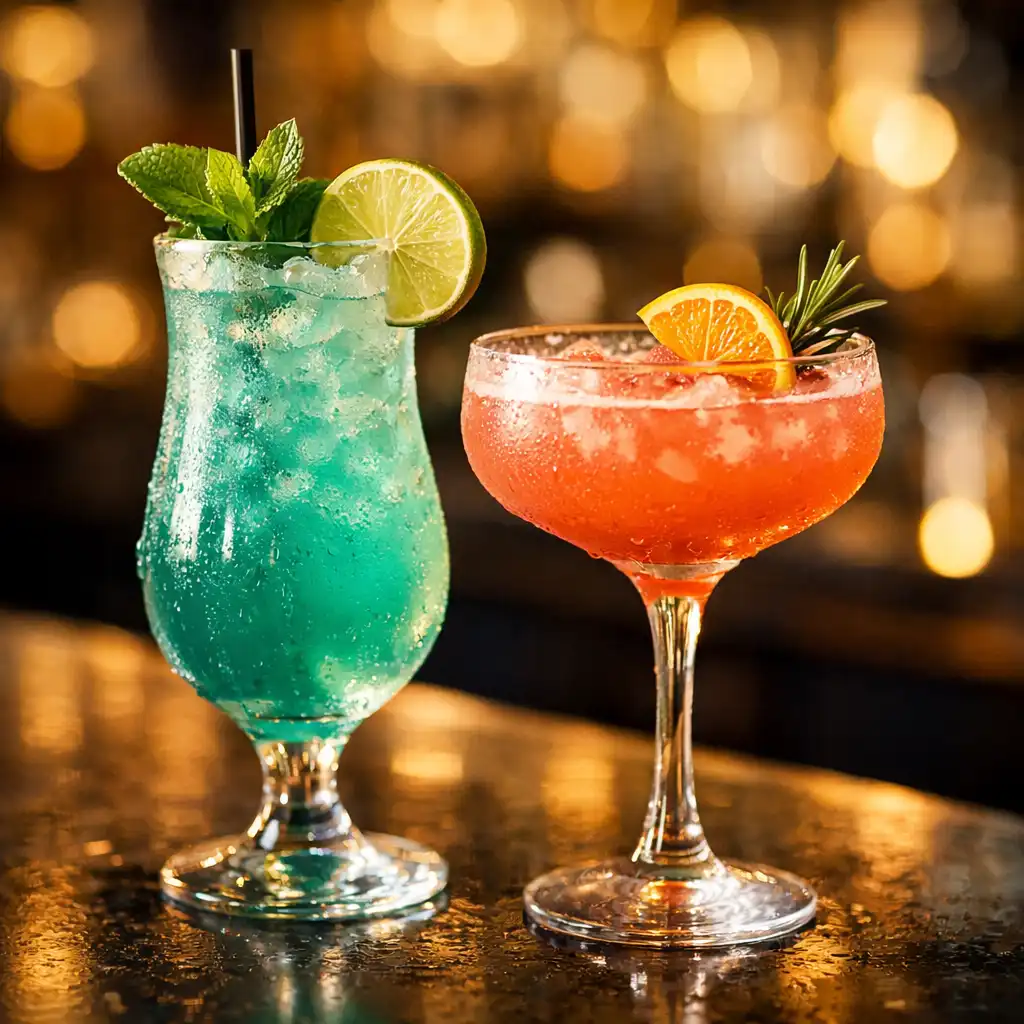 Two colourful cocktails, one teal and one coral, garnished with citrus on a bar counter