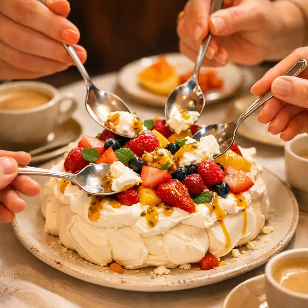 Friends sharing a colourful fruit-topped dessert with multiple spoons