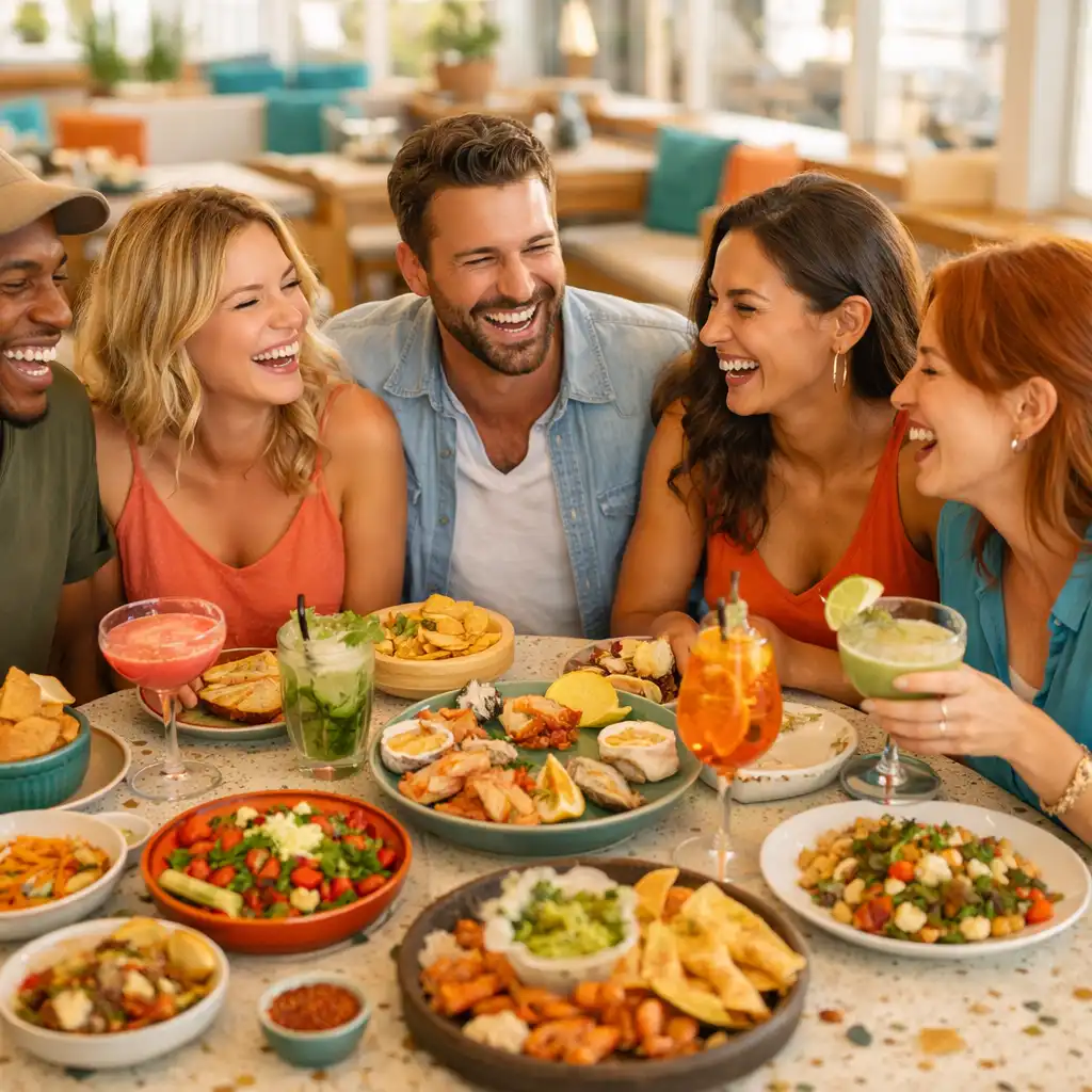 Friends laughing around a communal table filled with colourful sharing plates and cocktails at Jogo e Alegria