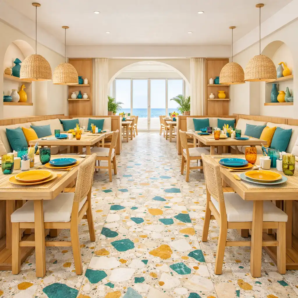 Bright coastal-modern restaurant interior with terrazzo flooring and light timber furniture