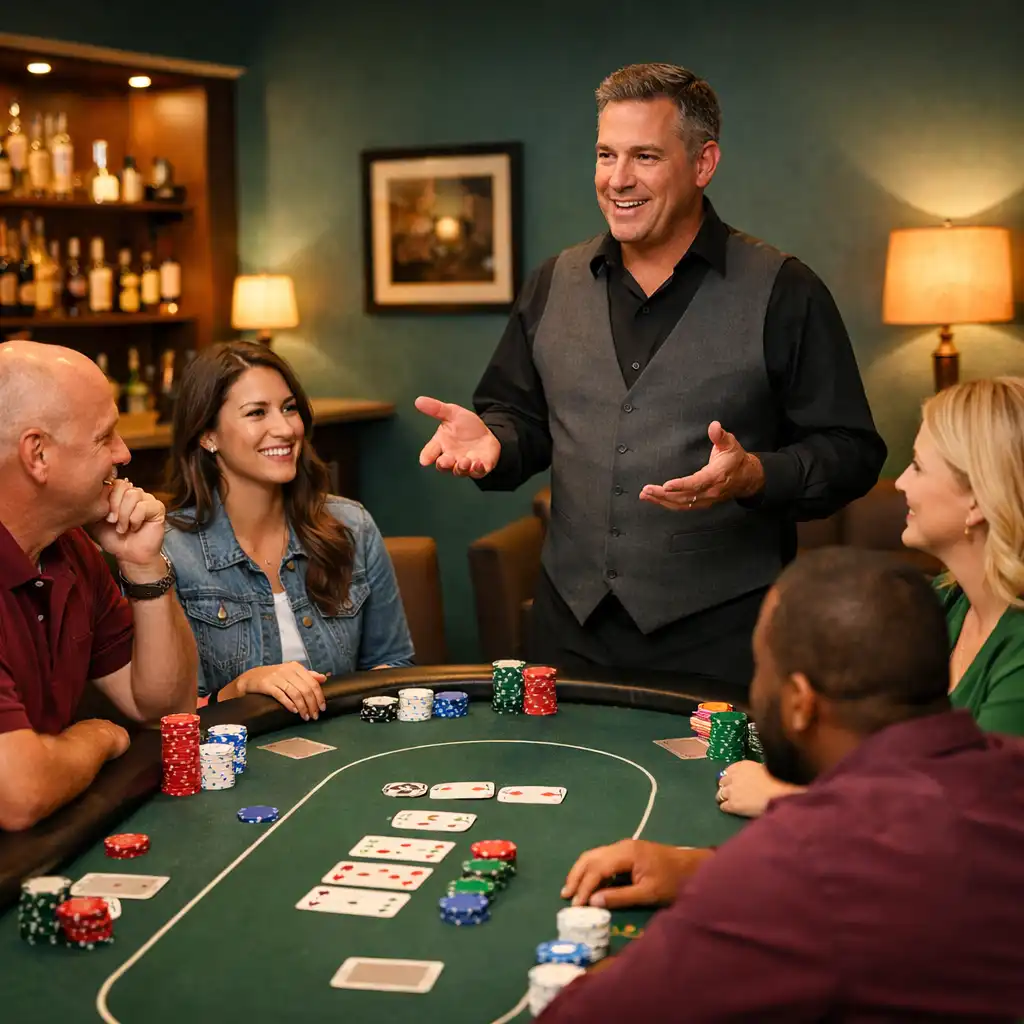 Dedicated poker lounge with a physical table, comfortable chairs, and a host explaining the game to a small group