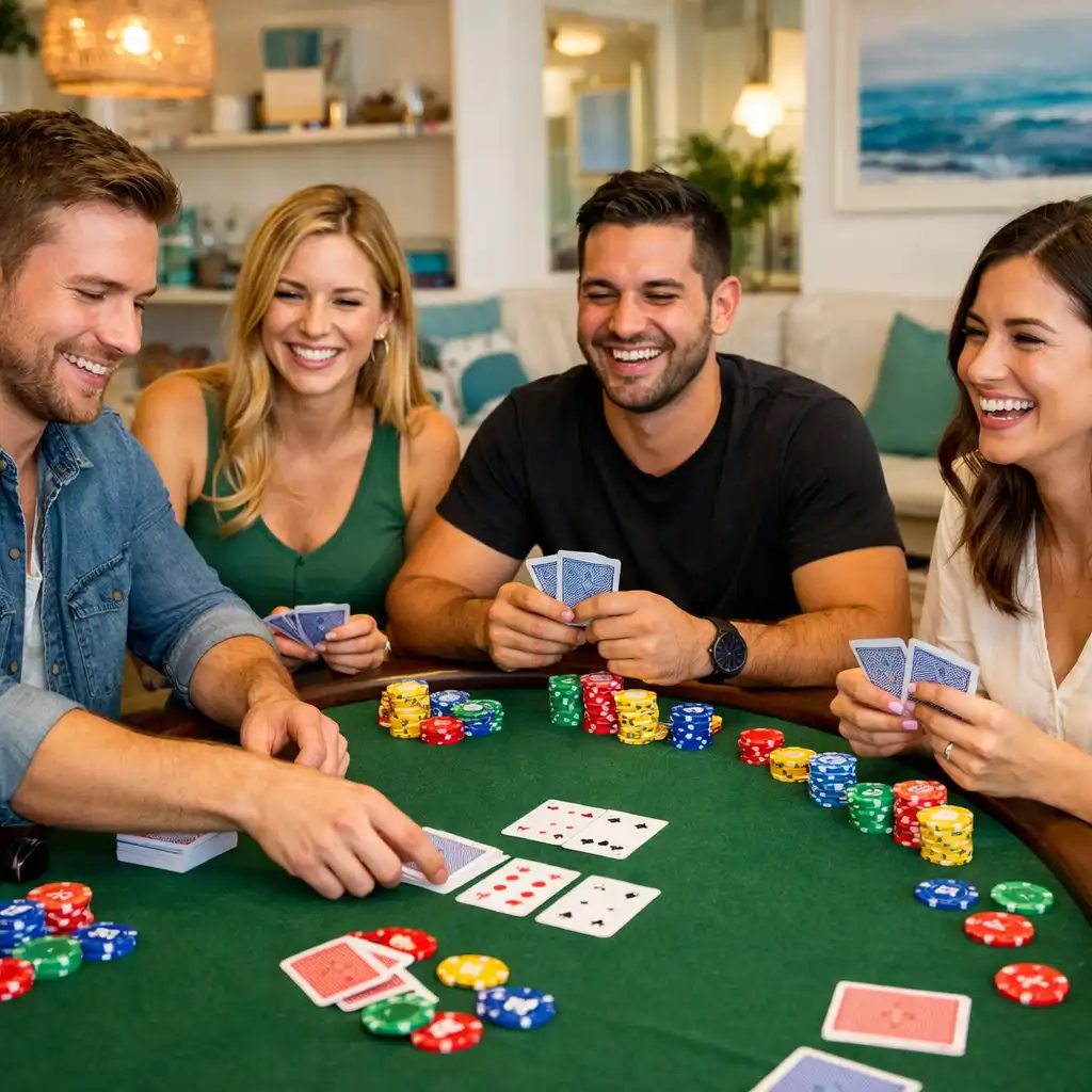 Friends smiling and playing poker at a physical table with colourful symbolic chips and cards