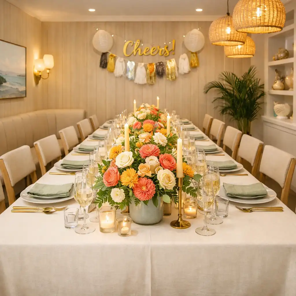 Private dining area set for a celebration with a long table and colourful floral arrangements