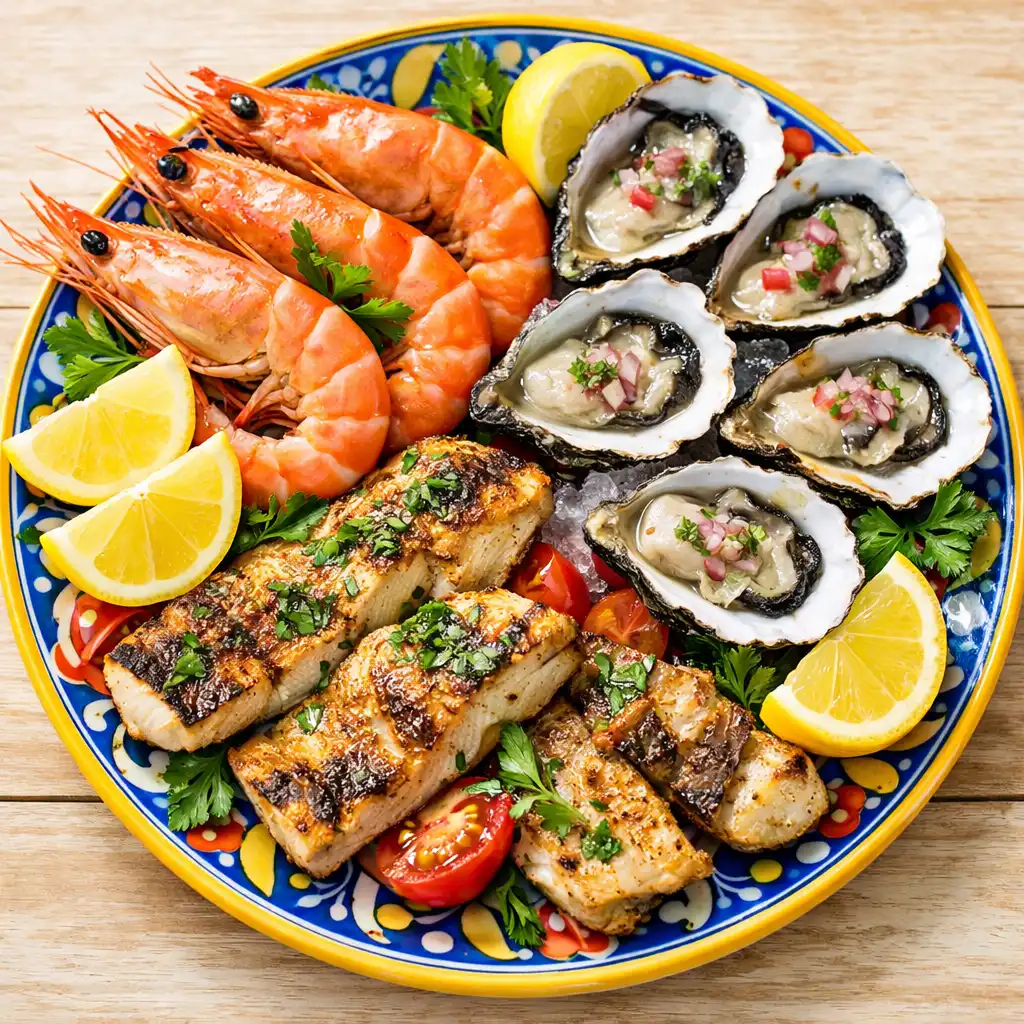 Vibrant seafood platter with prawns, oysters, and grilled fish on a colourful ceramic plate