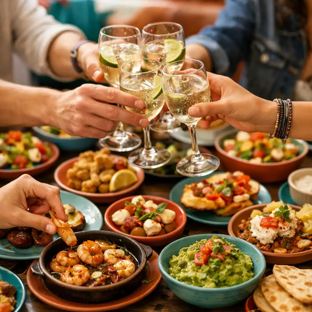 Group of friends sharing multiple small plates and raising glasses in a toast at a communal table