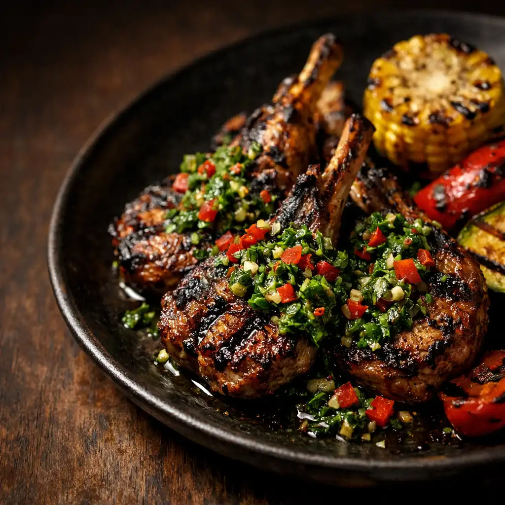 Charred lamb cutlets with vibrant herb salsa and grilled vegetables on a dark ceramic plate