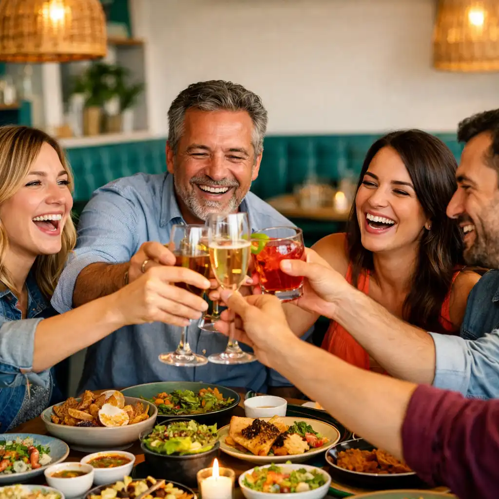 Group of friends raising glasses in a toast at a colourful restaurant table