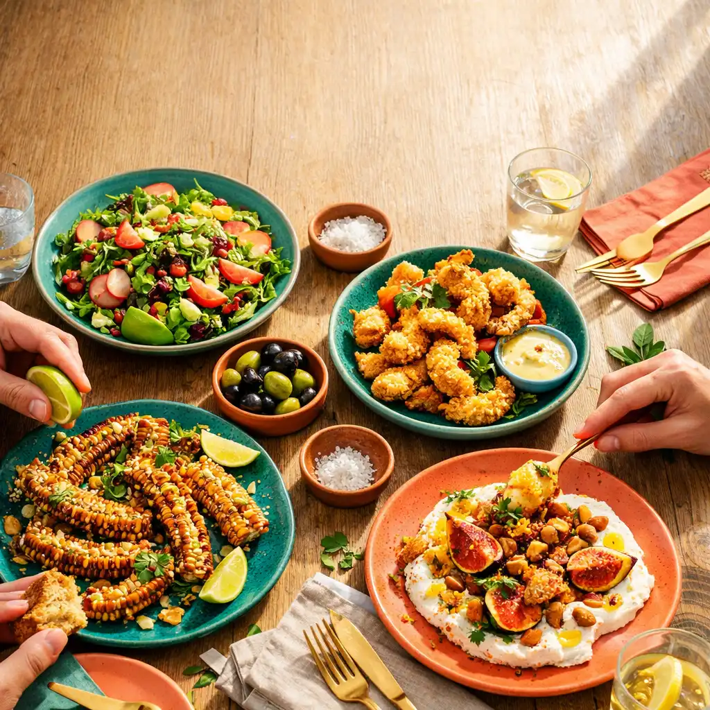 A vibrant overhead spread of colourful sharing plates on a communal table at Jogo e Alegria