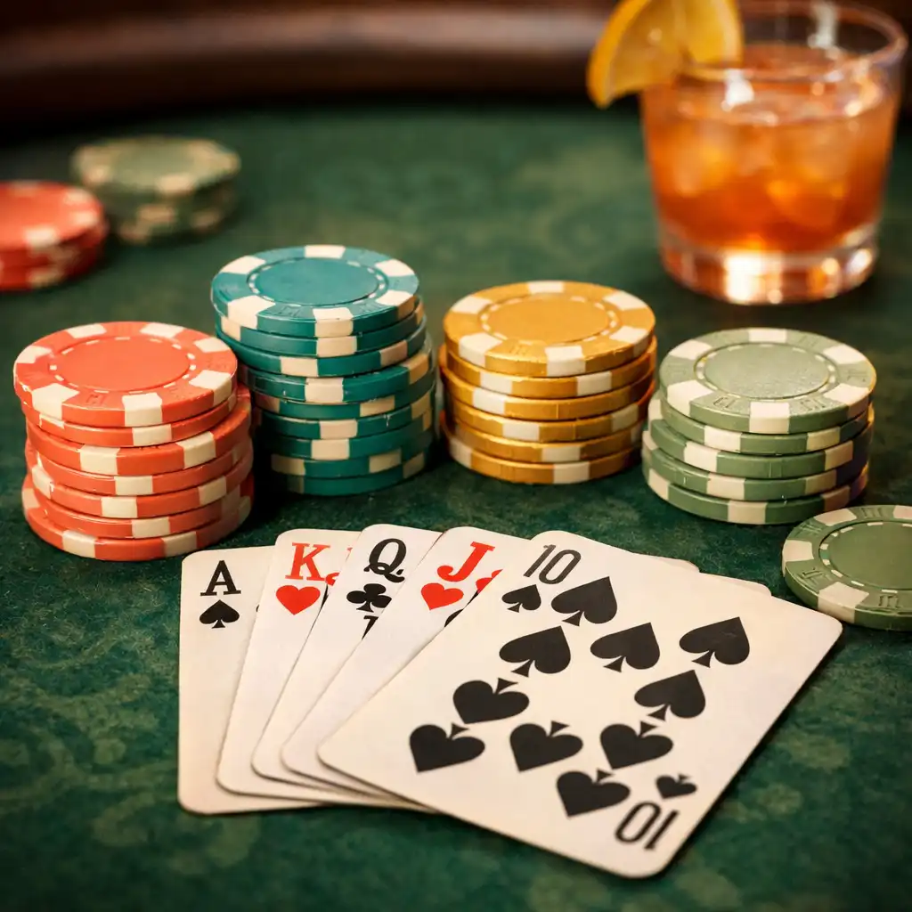 Close-up of colourful poker chips and playing cards on a green felt table