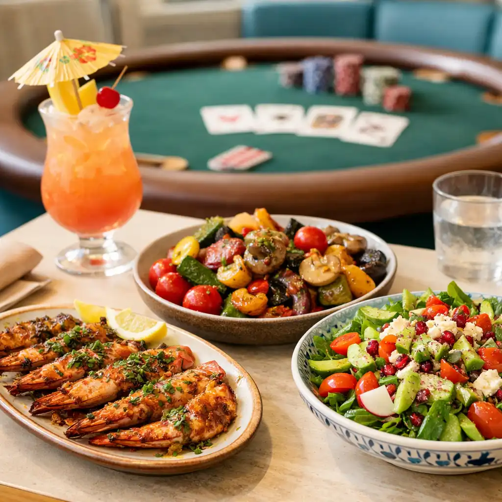 Colourful sharing plates with grilled prawns and vegetables, with a poker table softly blurred in the background