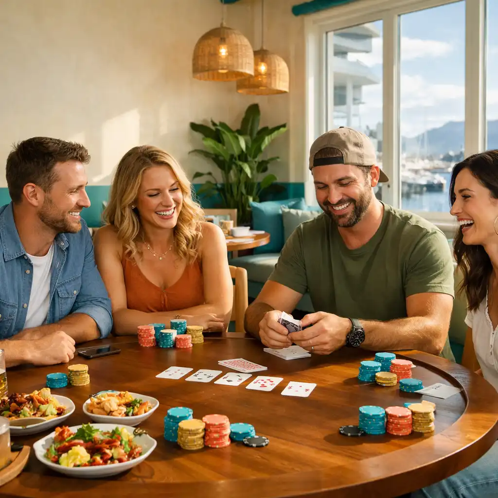 A group of friends laughing around a wooden poker table with colourful chips and sharing plates in a bright coastal-modern lounge