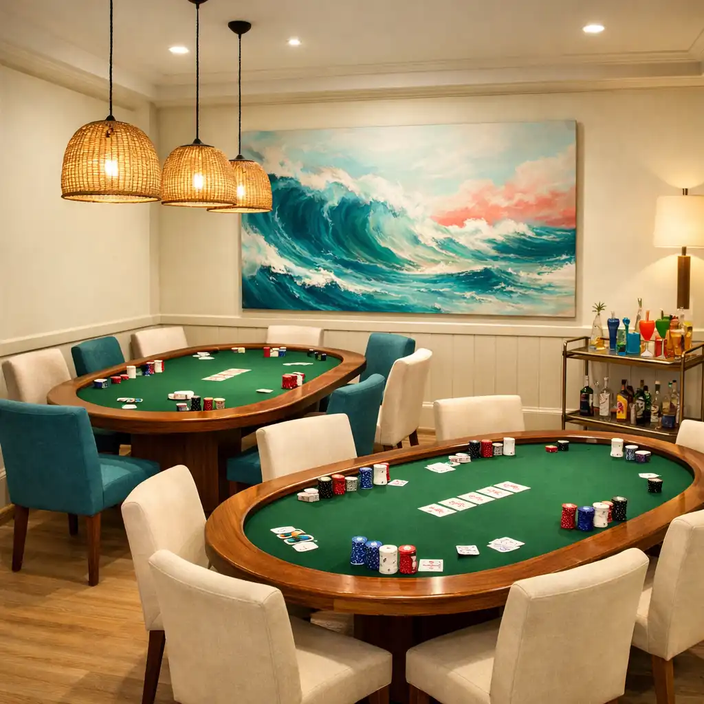 Interior of the dedicated poker lounge with two physical poker tables, cream and teal chairs, and woven pendant lights