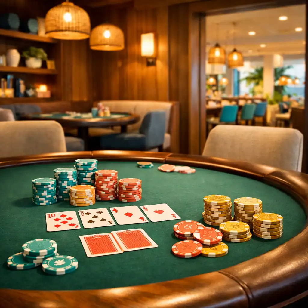 A dedicated offline poker lounge with a round poker table, playing cards, and colourful chips in teal, coral, and golden hues
