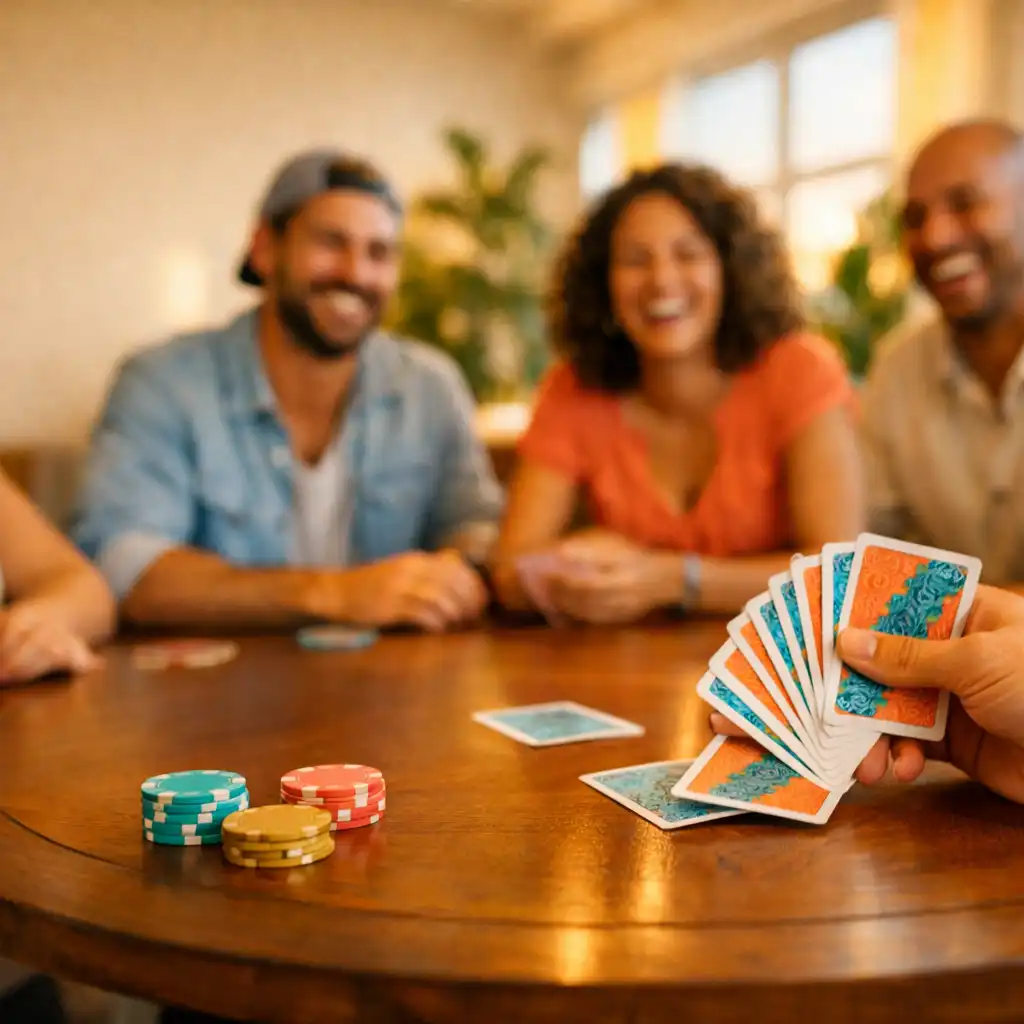 Friends laughing around a wooden poker table with colourful playing cards in the bright Jogo e Alegria poker lounge