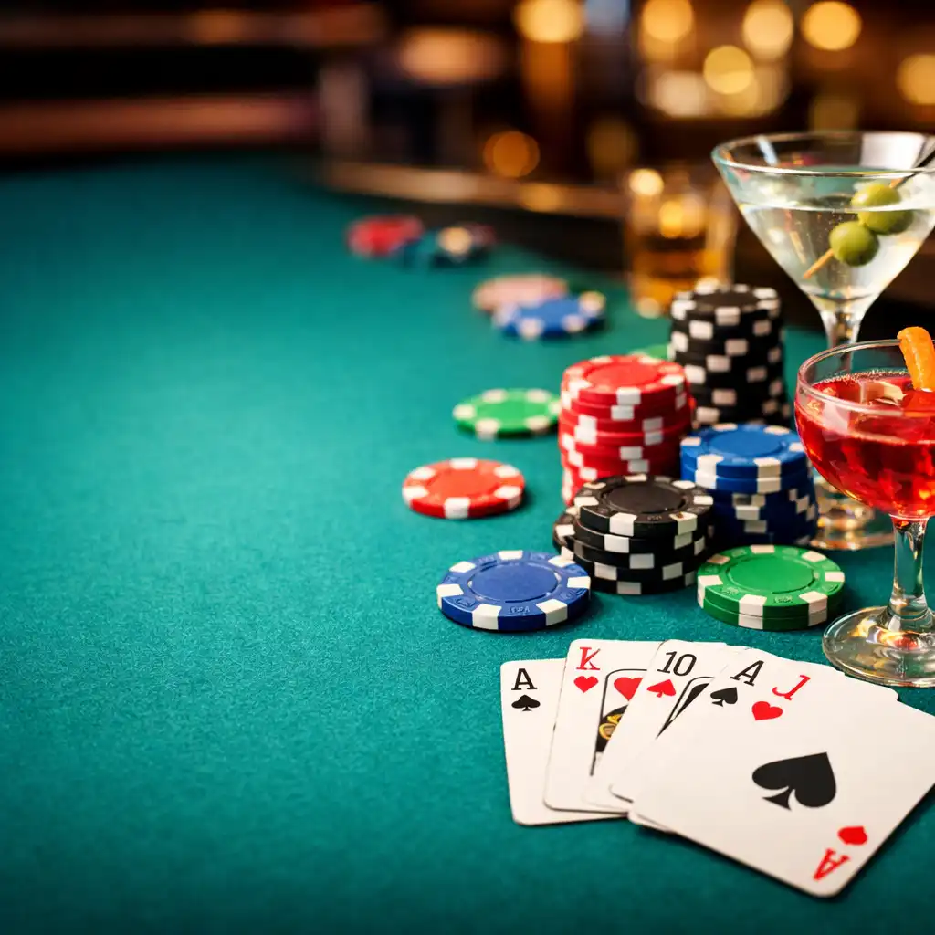 Physical poker table with teal felt, colourful symbolic chips, and playing cards