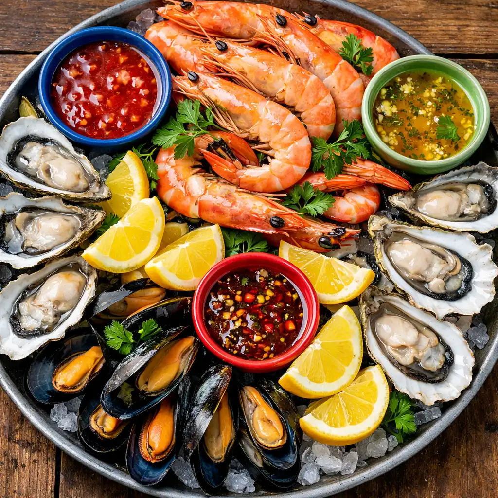 Overhead seafood platter with fresh prawns, oysters, mussels, and lemon wedges