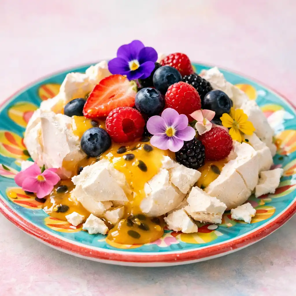 Deconstructed pavlova with passionfruit curd, fresh berries, and edible flowers on a colourful ceramic plate